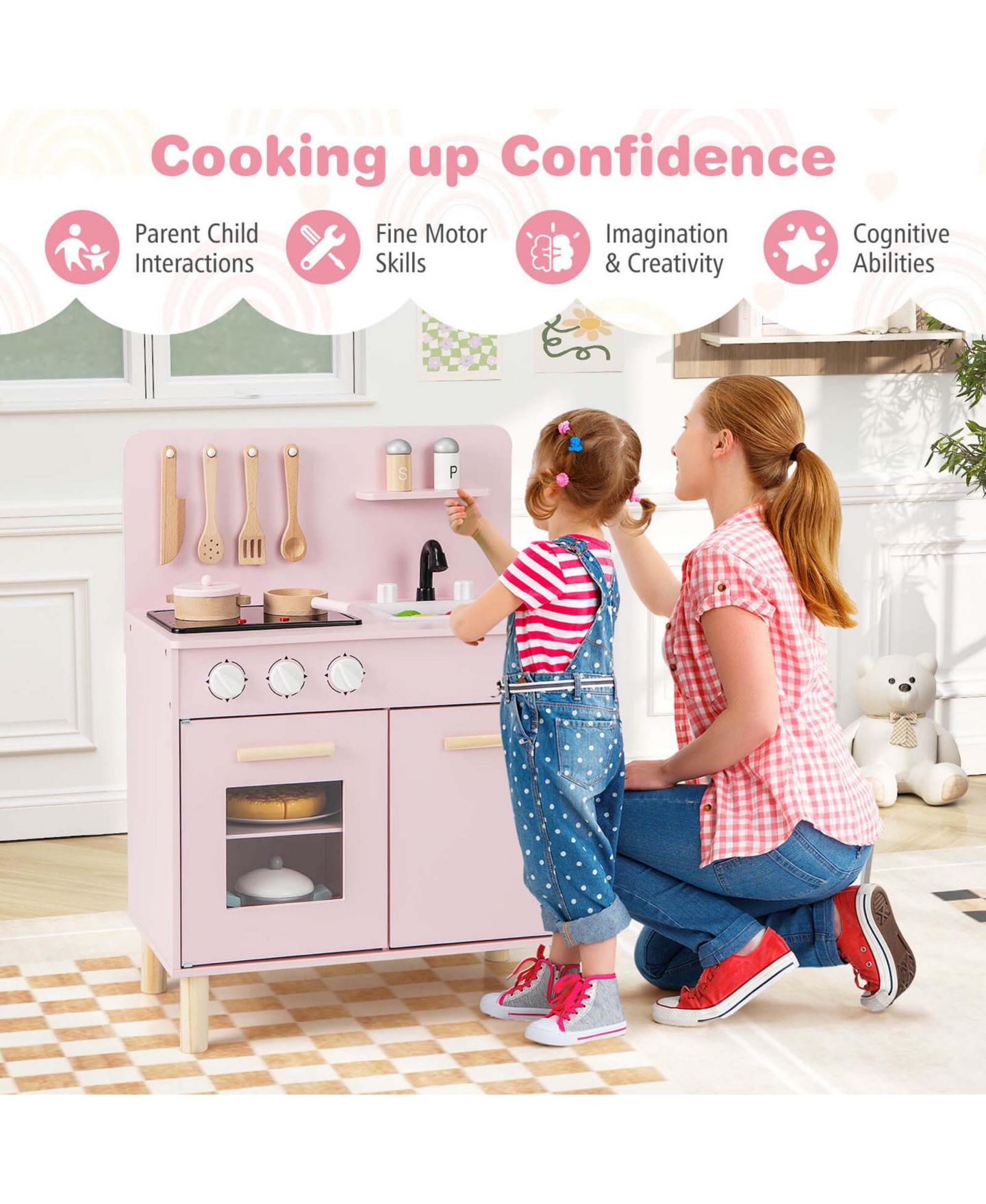 Детский игровой набор Costway Light-Up Cooking Sounds Wooden Kids Kitchen Playset, от 3 лет, цвет: Розовый — фото 9