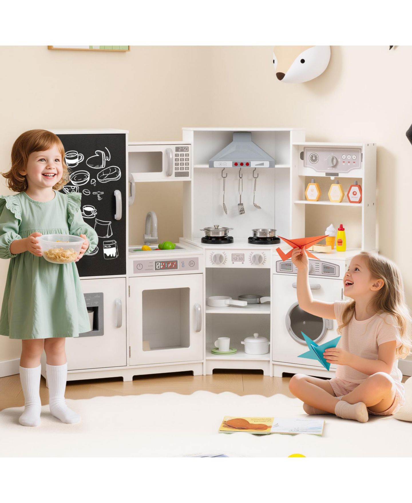 Детские игрушки HONGGE Wooden Corner Lights and Sounds 9-Piece Play Kitchen Set, Ages 3+, цвет: Белый — фото 2