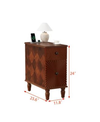 Modern Slim Side Table with 2 Drawers Narrow Nightstand