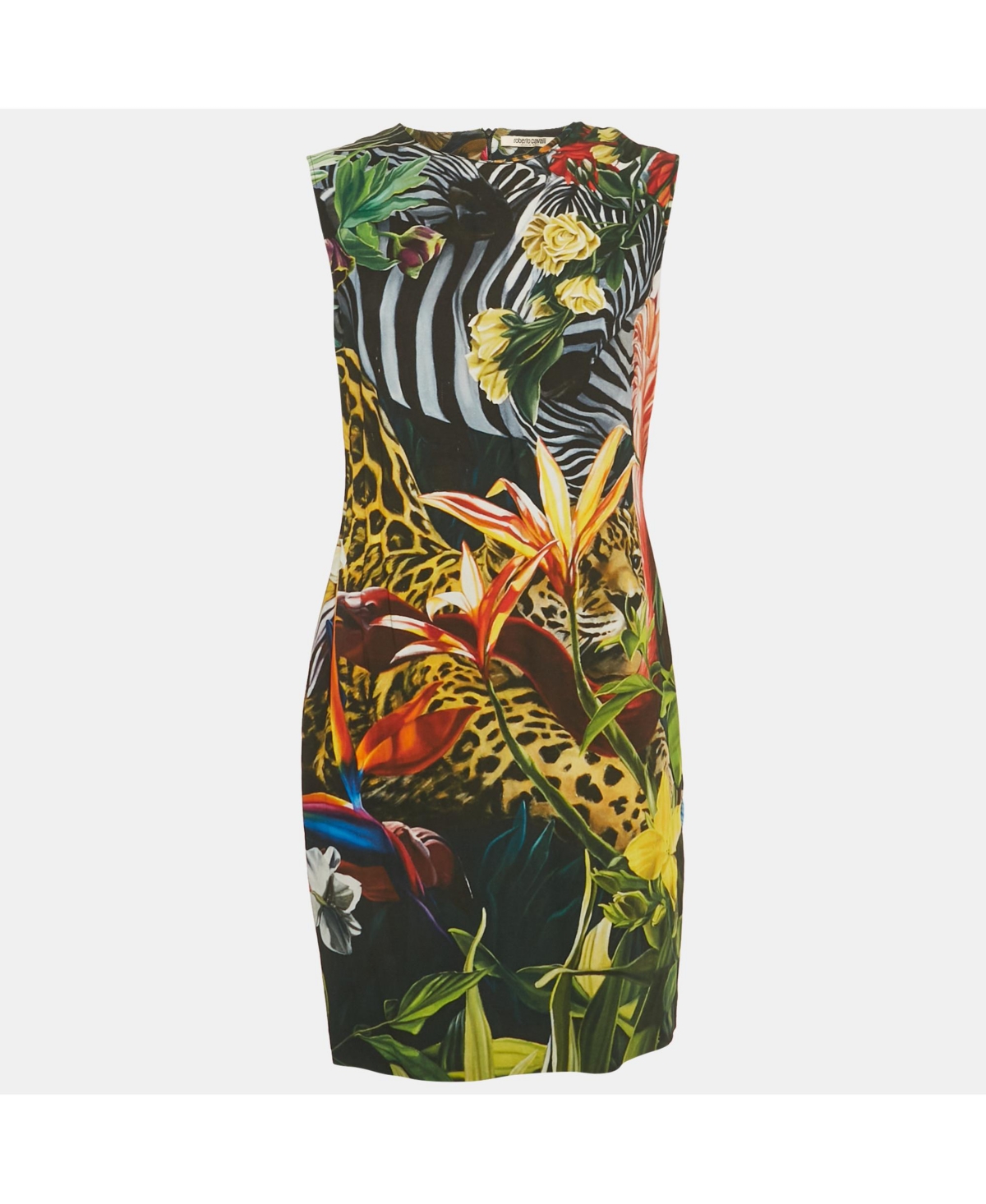 Pre-Owned Roberto Cavalli Women's Green Tropical Print Jersey Mini Dress