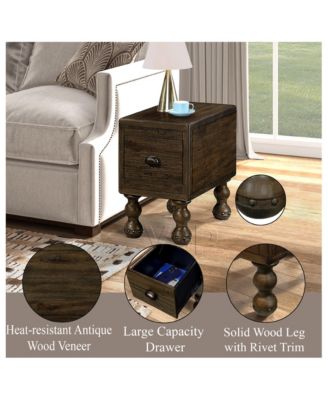 Vintage Solid Wood End Table Narrow Rectangle Drawer Nightstand