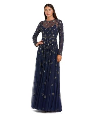 Women's Long Sleeve Crystal Embellished Evening Gown