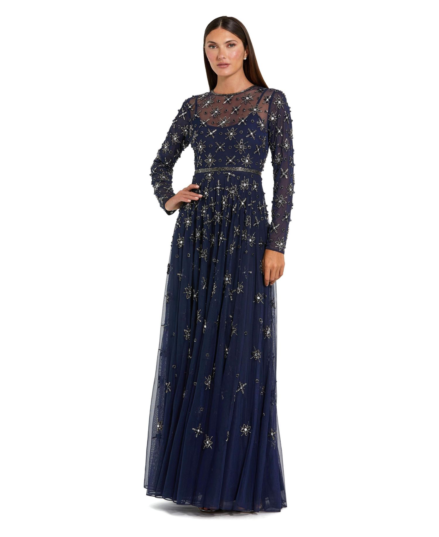 Women's Long Sleeve Crystal Embellished Evening Gown