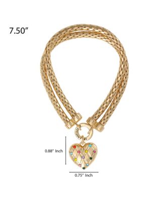 Double Chain Heart Padlock Bracelet, Gold Tone with Rainbow Crystals