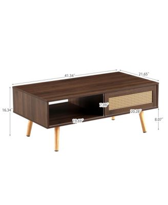 PE Rattan Coffee Table with Sliding Storage Door and Solid Wood Legs for Living Room