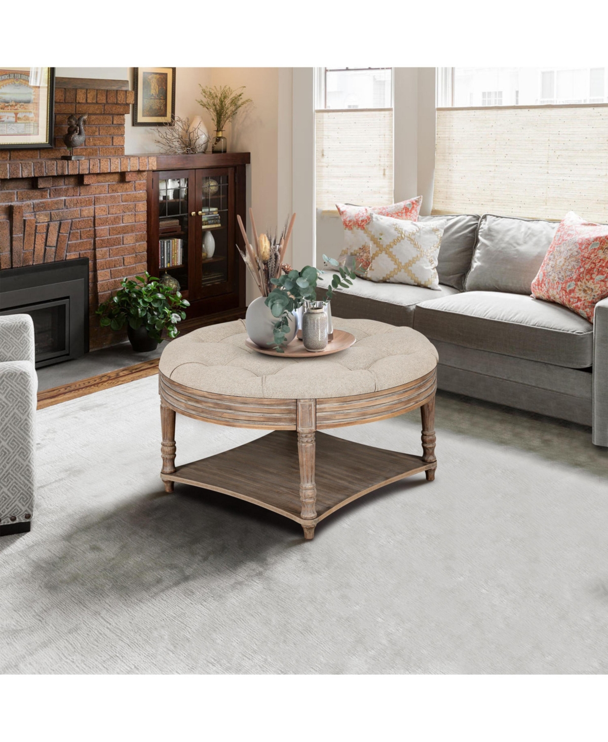 sumyeg Farmhouse Round Ottoman Coffee Table with 2-Tier Storage and Waterproof Linen