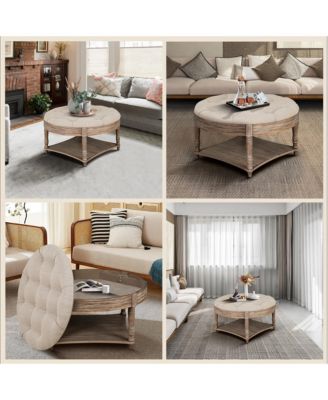 Farmhouse Round Ottoman Coffee Table with 2-Tier Storage and Waterproof Linen