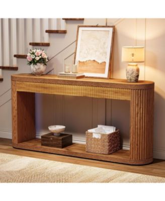 63 Inch Fluted Console Table for Entryway, Narrow Wood Sofa Table Behind Couch