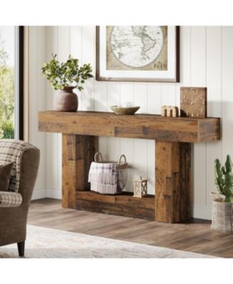 63" Console Table, Farmhouse 2-Tier Entryway Table with U-Shaped Base, Mix Brown