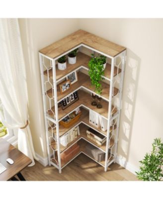 Corner Shelf, 7-Tier Industrial Corner Bookshelf, Wood and Metal Corner Etagere Bookcase, White