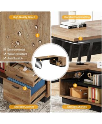 71-Inch Executive Desk, L-Shaped Desk with Cabinet, Large Office Desk with Drawers and Storage Shelves