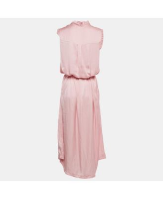 Women's Pink Satin Belted Raos Midi Dress