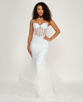 Juniors' Sequin Detail Corset Illusion Long Gown