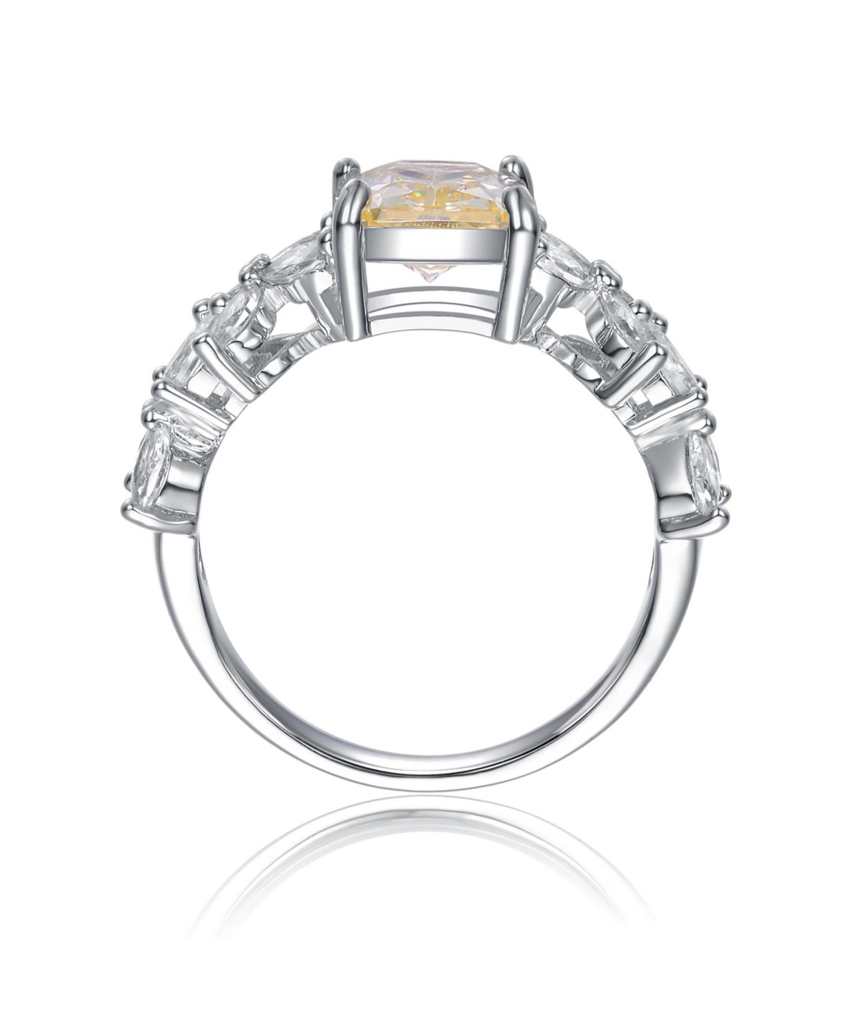 Sterling Silver Canary Yellow & White Cubic Zirconia Radiant Leaf Trellis Cluster Statement Ring
