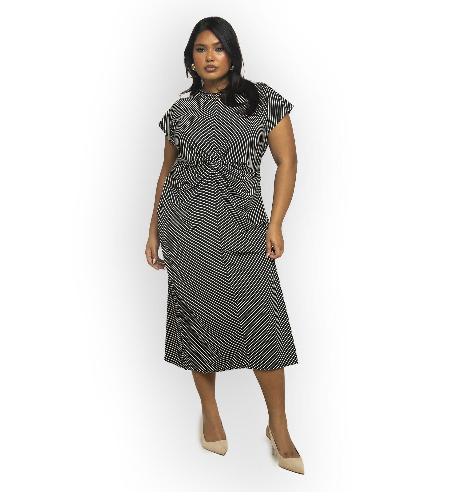 Women's Cinched Striped Print Midi Dress