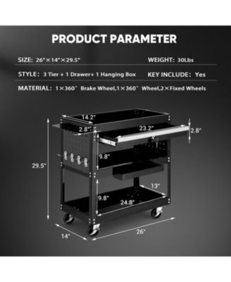 3 Tier Rolling Tool Cart All Metal Utility Cart with Wheels 330 lb Capacity and Storage Shelves for Garage or Workshop