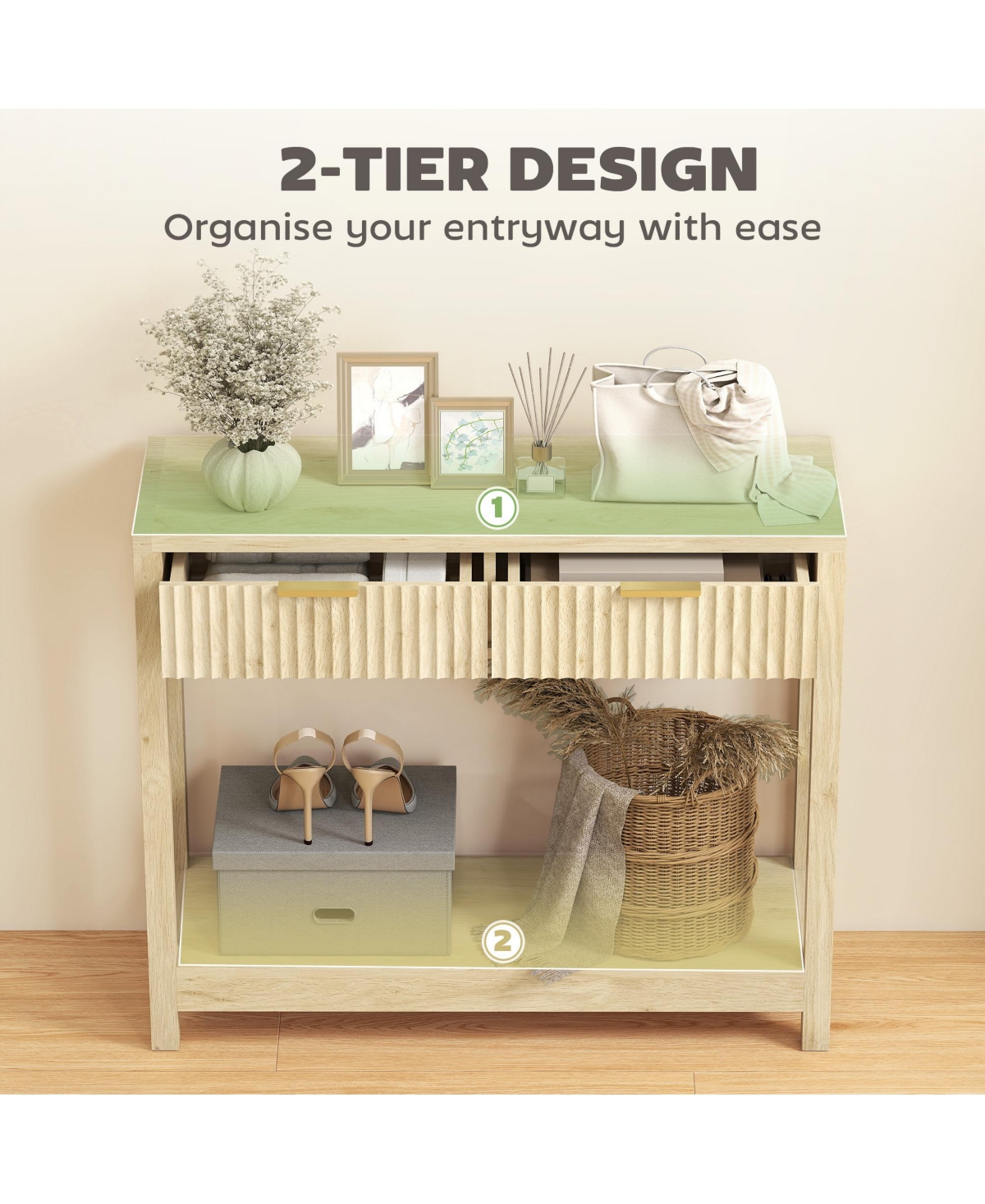 Homcom 35" Modern Console Table with Drawers, Narrow Entryway Table Natural