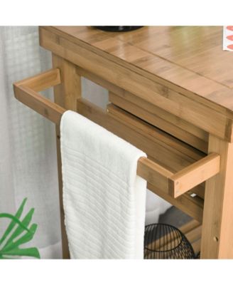 Bamboo Kitchen Island Cart on Wheels, 2 Storage Drawers, Towel Rack
