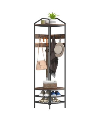 Corner Hall Tree, Coat Rack with Shoe Storage, Hooks, Shelves