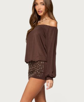 Women's Studded Off Shoulder Backless Romper