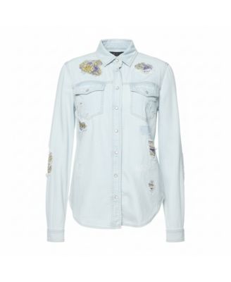 Women's Light Blue Distressed Denim Patch Detail Shirt