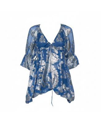 Women's Blue Floral Lamandeacute Asymmetrical Hem Top