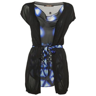 Women's Black/blue Print Silk & Knit Sleeveless Belted Top