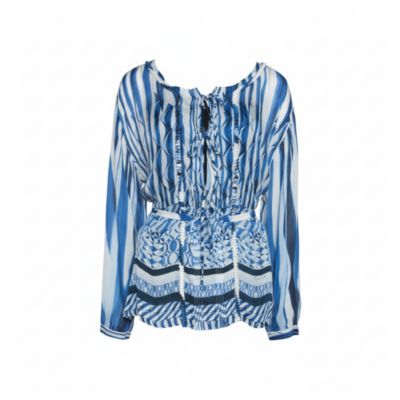 Women's Blue And White Deco Print Silk Tie Up Blouse
