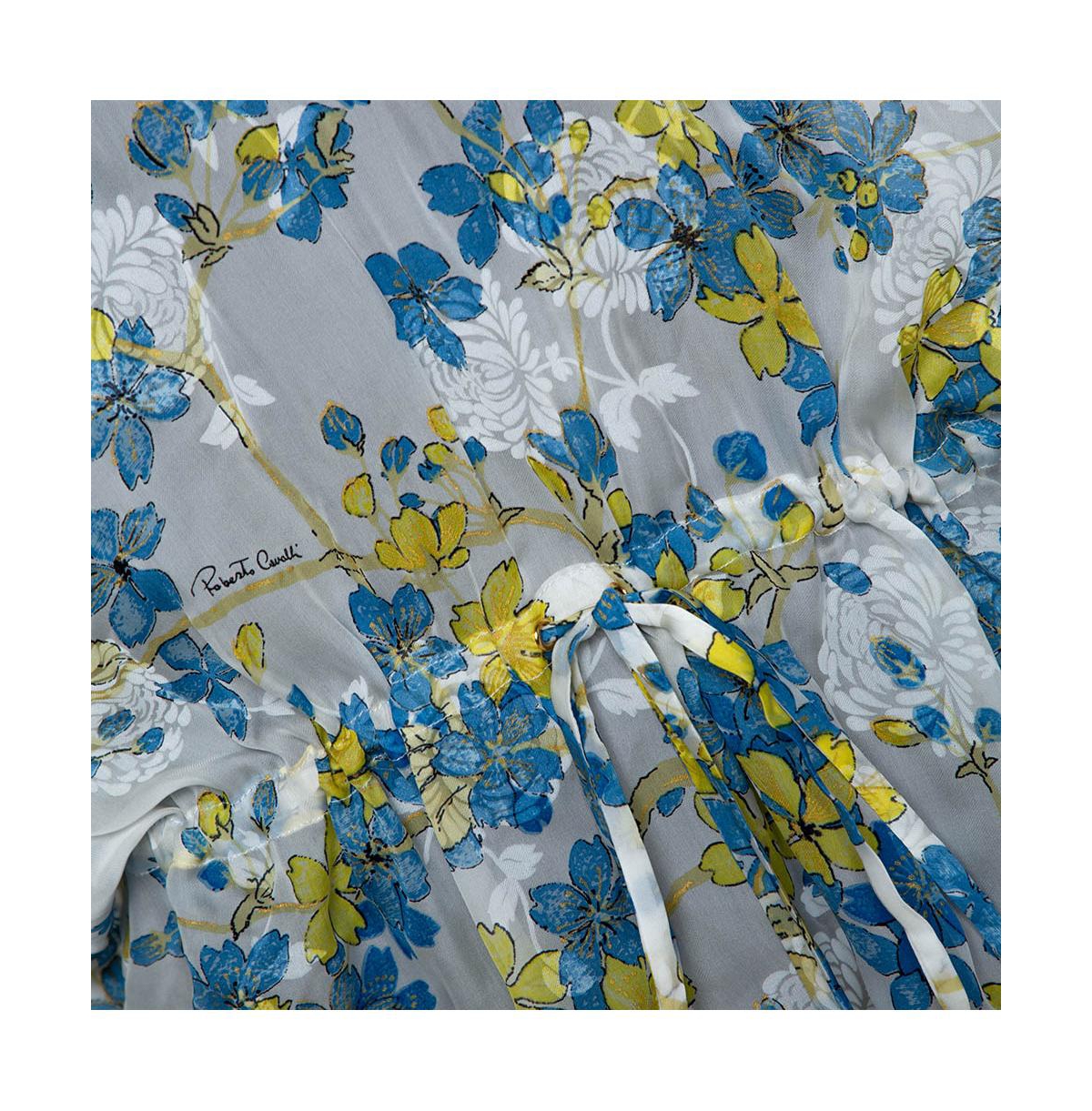 Pre-Owned Roberto Cavalli Women's Blue & White Floral Print Silk Sheer Kaftan Top