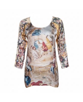 Women's Pre-Owned D&g Beige Abstract Printed Stretch Silk Long Sleeve Top
