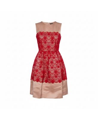 Women's Beige Satin Lace Trim Detail Sleeveless Mini Dress