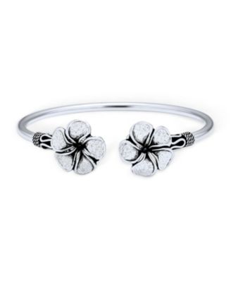 Romantic Bali-Inspired Plumeria Cuff Bracelet with Black Rose Floral Stud Earrings Jewelry Set Silver Plated