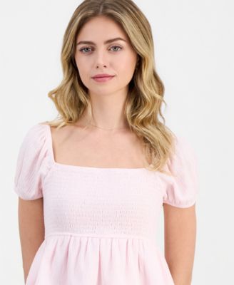 Juniors' Puff-Sleeve Tiered Babydoll Top