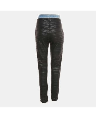 Black Denim Trim Stretch Crepe Pleated Pants