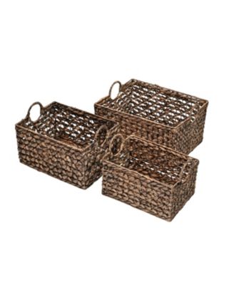 Quinn Bohemian Cottage Woven Hyacinth Rectangular Storage Baskets with Handles, Set of 3