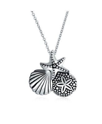 Nautical Beach Charm Sandollar Starfish Seashell Pendant Necklace & Earrings Set Sterling Silver