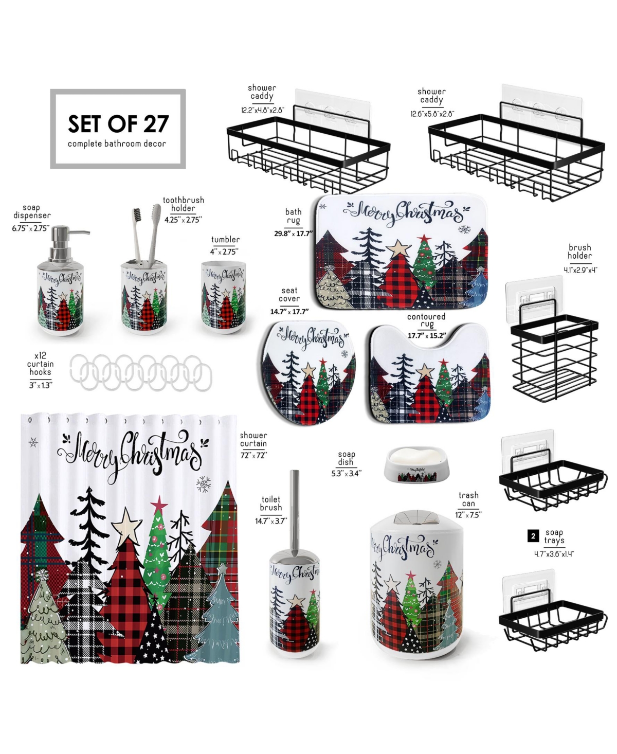 27-Piece Complete Holiday Bathroom Decor & Accessory Set with Bath Rugs, Shower Caddy & Curtain Set