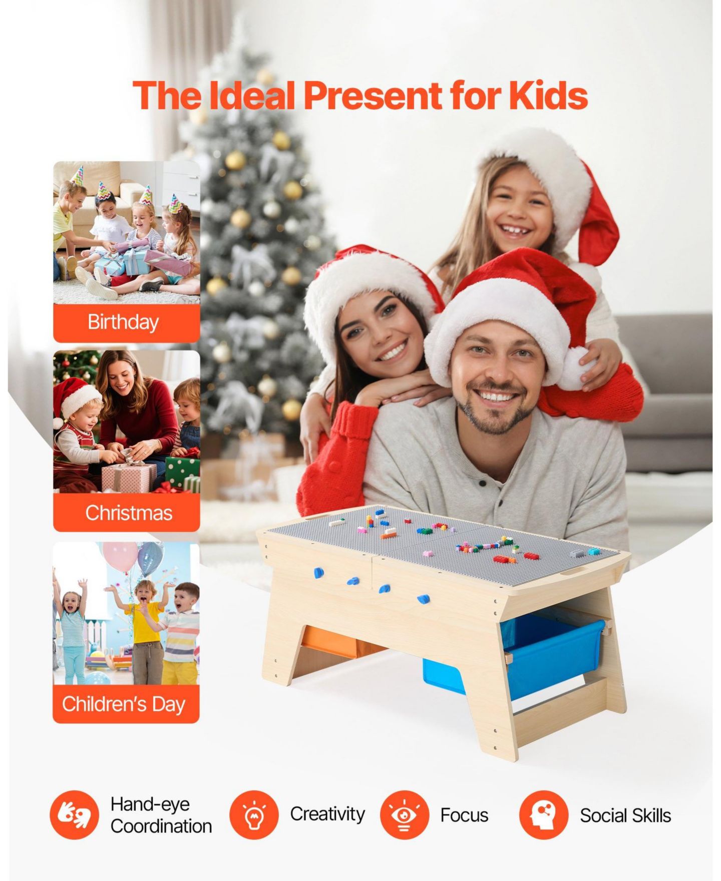 Детские конструкторы SUGIFT Multi-Activity Wooden 200-Piece Activity Table with 3 Storage Bins, Ages 3+, цвет: Натуральный — фото 9