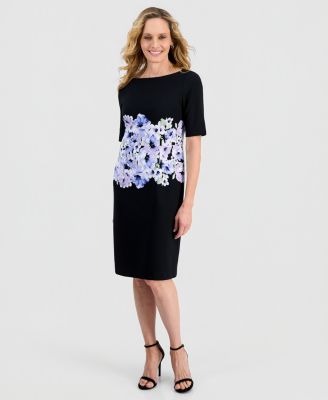 Women's Printed Scuba Crepe Elbow-Sleeve Sheath Dress