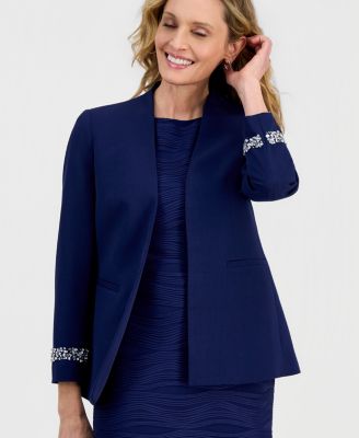 Women's Stretch Crepe Collarless Embellished Bracelet-Sleeve Jacket