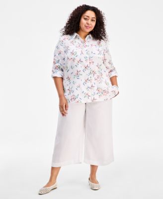 Plus Size Garden Button-Front Double Pocket Linen Shirt