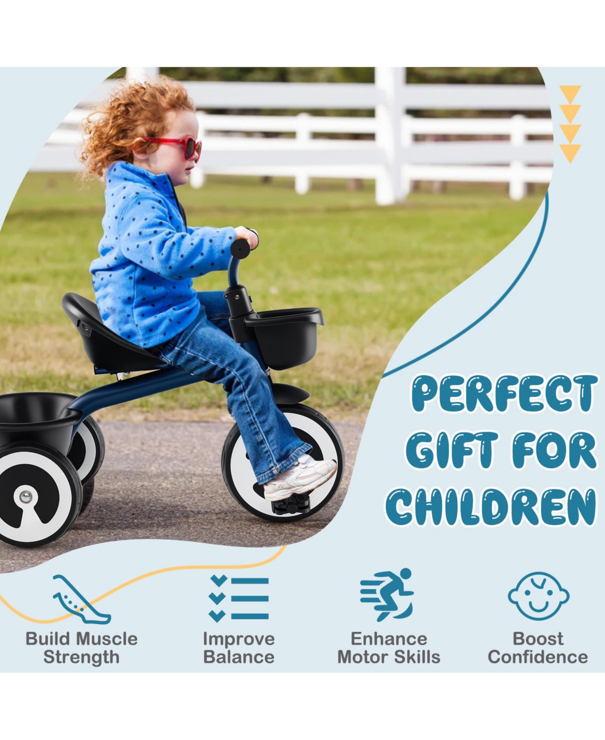 Hongge Kids Adjustable Tricycle with Dual Baskets Eva Wheels and Carbon Steel Frame