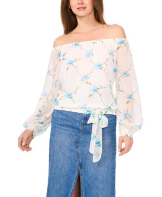 Women's Floral Off-The-Shoulder Long-Sleeve Tie-Front Blouse