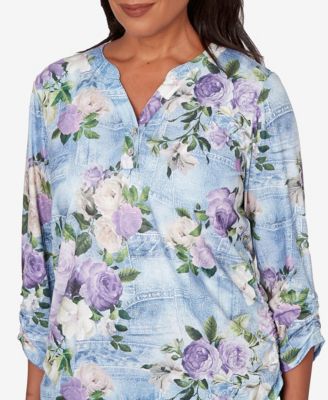 Women's Petite Hilton Head Denim Floral Applique Henley Top