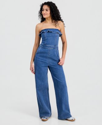 Juniors' Ruffled Strapless Wide-Leg Jumpsuit