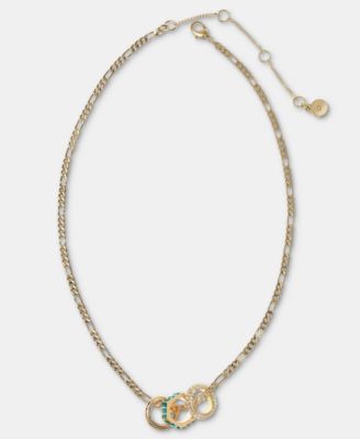 Gold-Tone Stone, Pav&eacute; & Polished Rondelle Figaro Link Collar Necklace, 16" + 3" extender