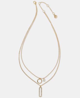 Gold-Tone Pav&eacute; & Polished Circle & Rectangle Layered Pendant Necklace, 16" + 3" extender