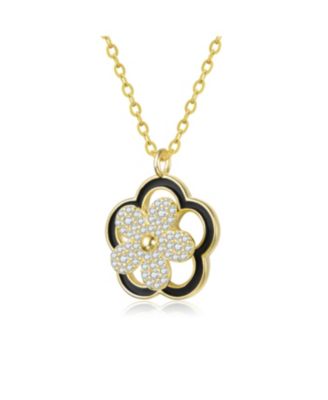 14K Gold Plated with Clear Cubic Zirconia & Black Enamel Flower Design Drop Pendant Necklace
