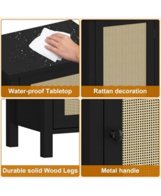 Bamboo Storage Cabinet with Woven Rattan Door, 2-Tier Space-Saving Freestanding Organizer, Natural Finish Nightstand/Side Table, Natural Color