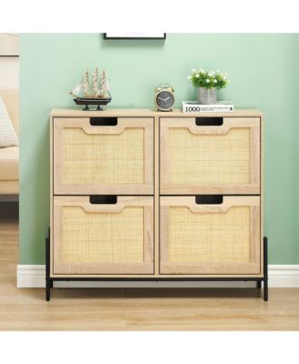 Hidden Rattan Shoe Cabinet with Drawer/ 4 Flip Doors Narrow Shoe Storage,Shoe Organizer